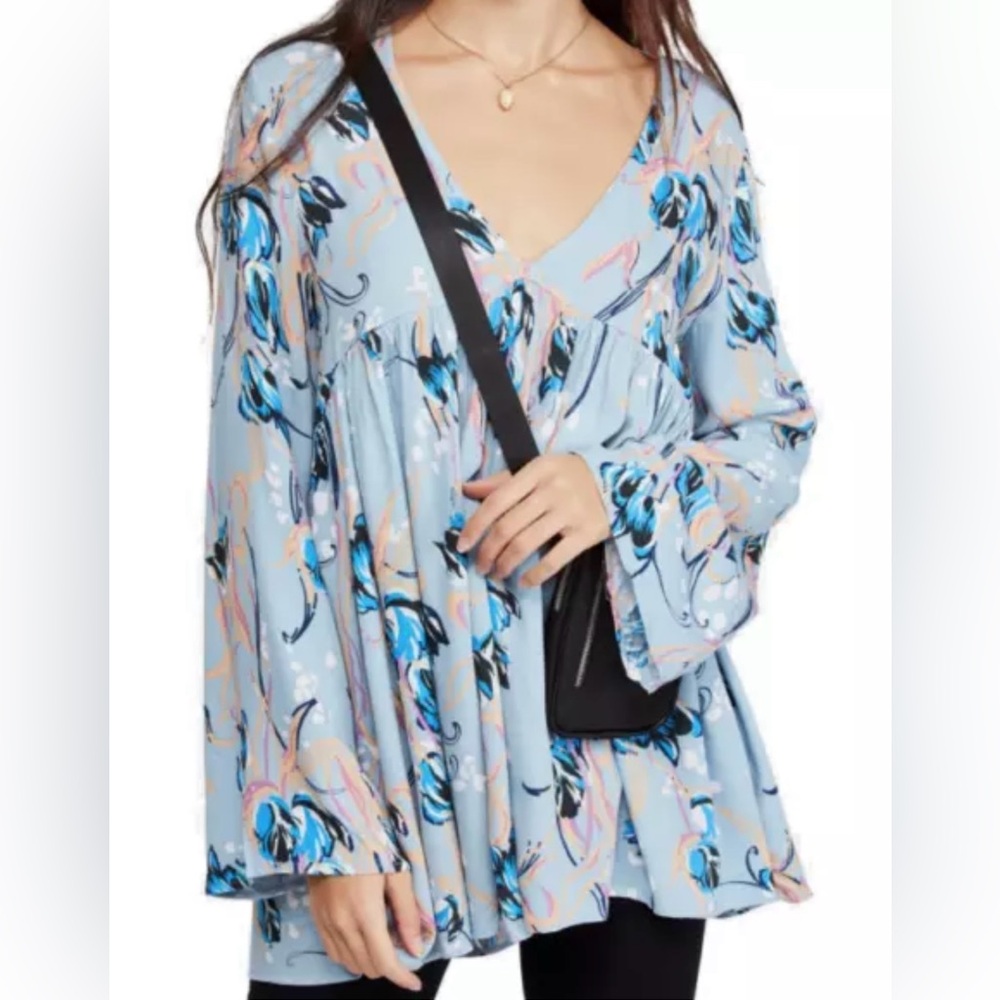 Free people Bella printed tunic Dress Top long sleeve Medium NWT Sky Combo Boho